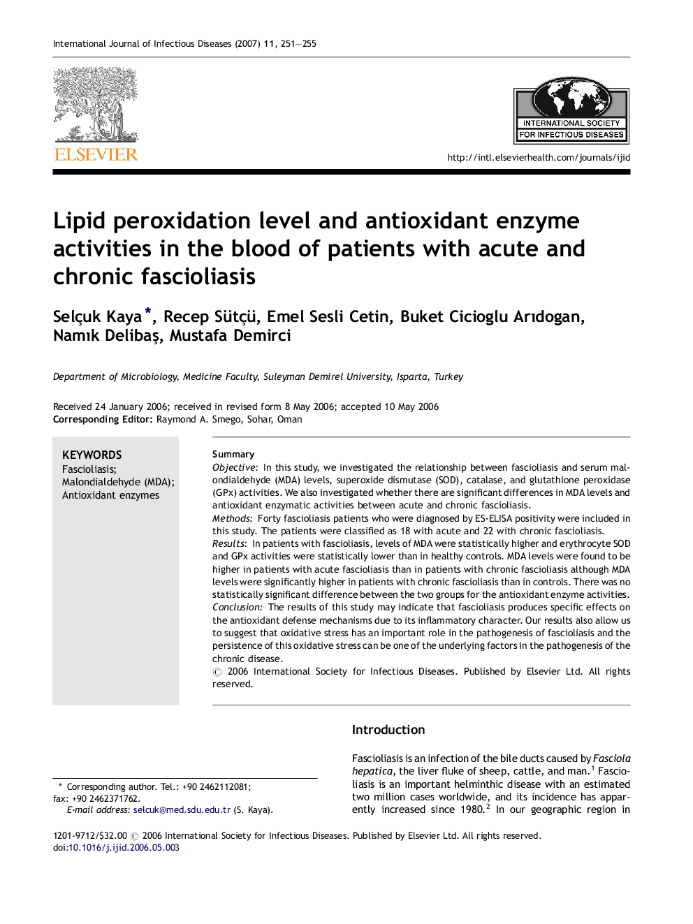 Lipid peroxidation level and antioxidant enzyme activities in the blood of patients with acute and chronic fascioliasis