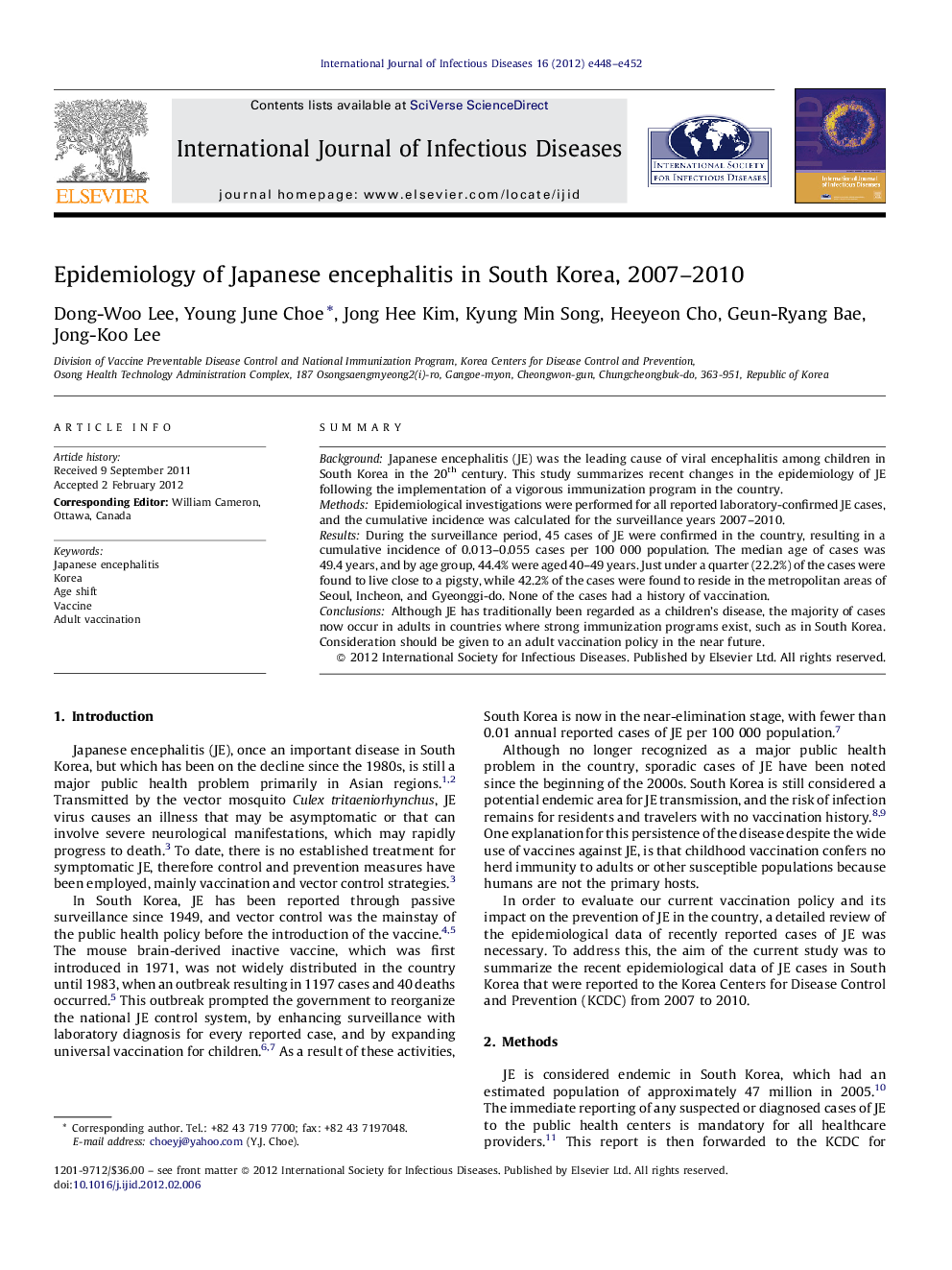 Epidemiology of Japanese encephalitis in South Korea, 2007–2010