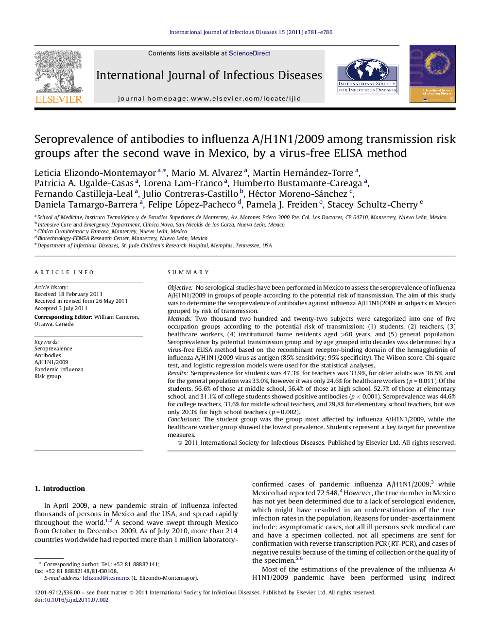 Seroprevalence of antibodies to influenza A/H1N1/2009 among transmission risk groups after the second wave in Mexico, by a virus-free ELISA method