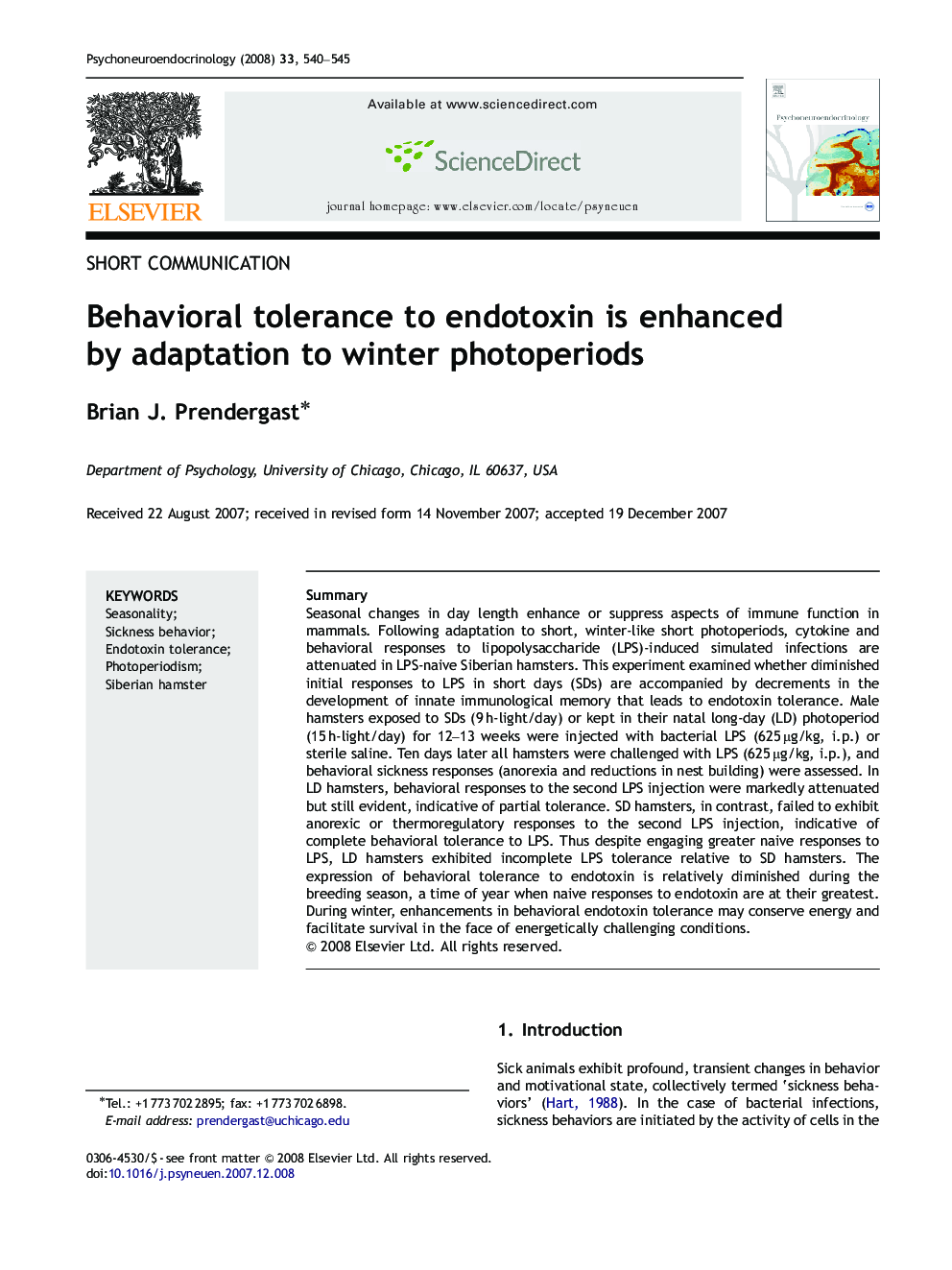 Behavioral tolerance to endotoxin is enhanced by adaptation to winter photoperiods