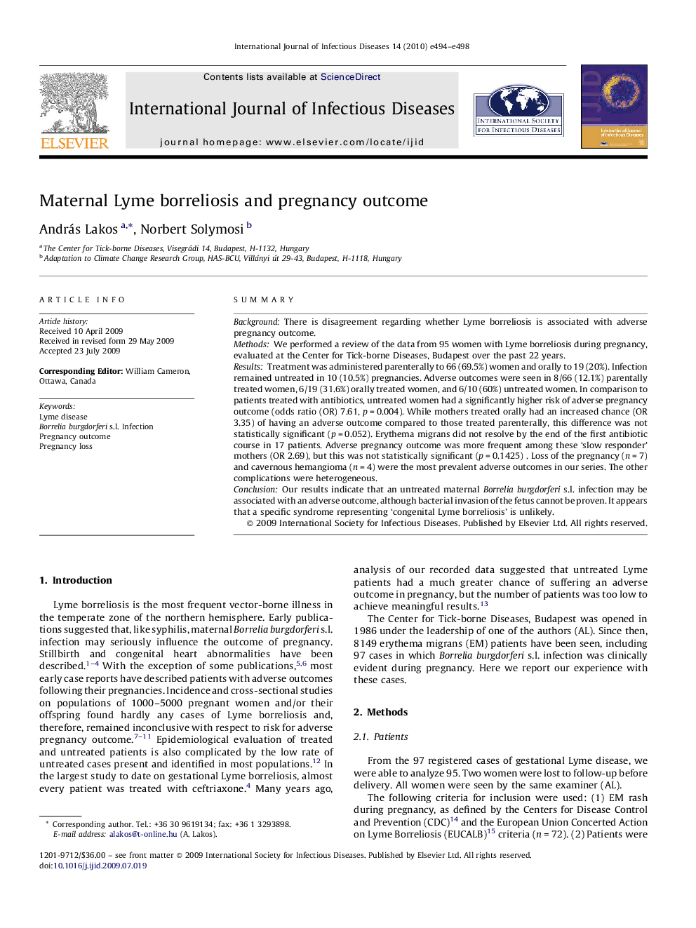 Maternal Lyme borreliosis and pregnancy outcome