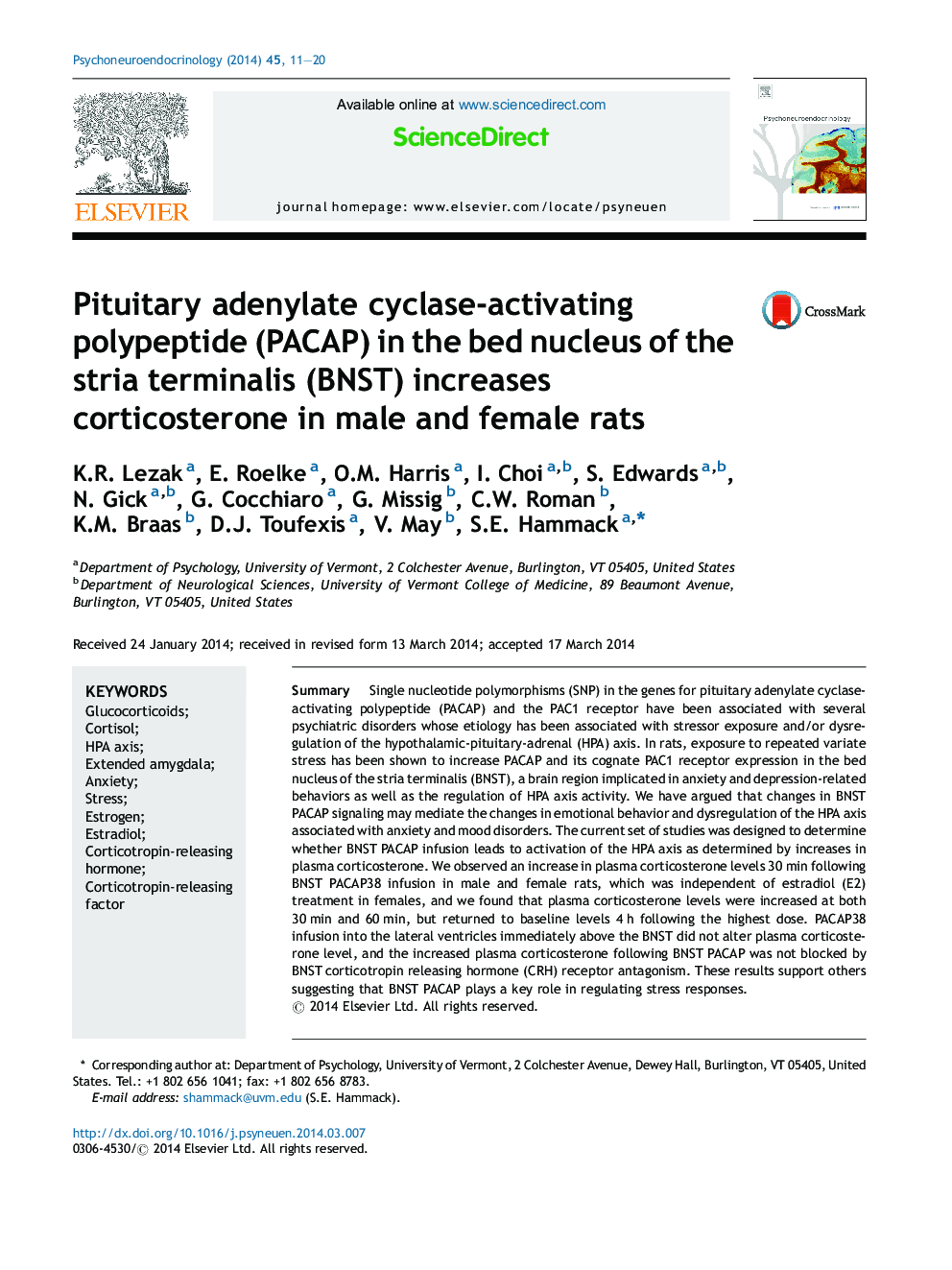 Pituitary adenylate cyclase-activating polypeptide (PACAP) in the bed nucleus of the stria terminalis (BNST) increases corticosterone in male and female rats