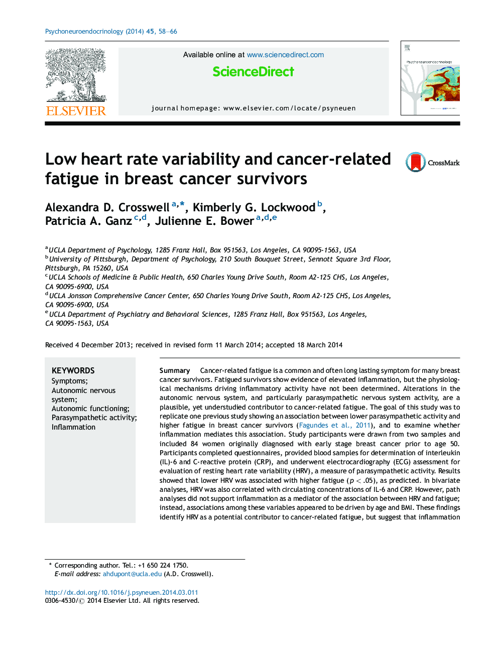 Low heart rate variability and cancer-related fatigue in breast cancer survivors