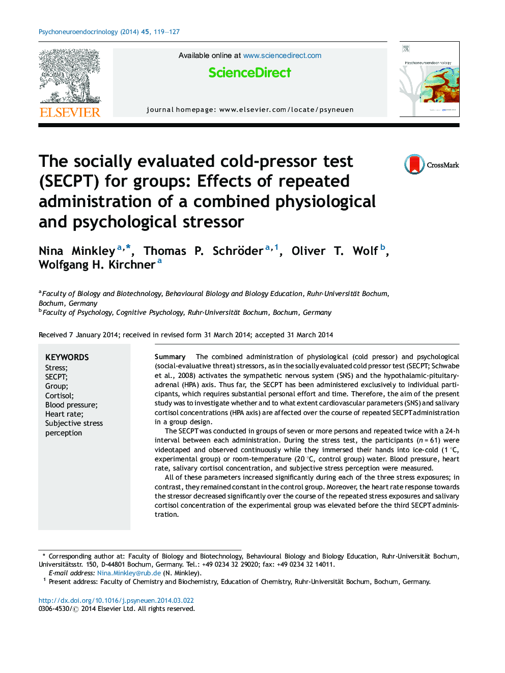 The socially evaluated cold-pressor test (SECPT) for groups: Effects of repeated administration of a combined physiological and psychological stressor