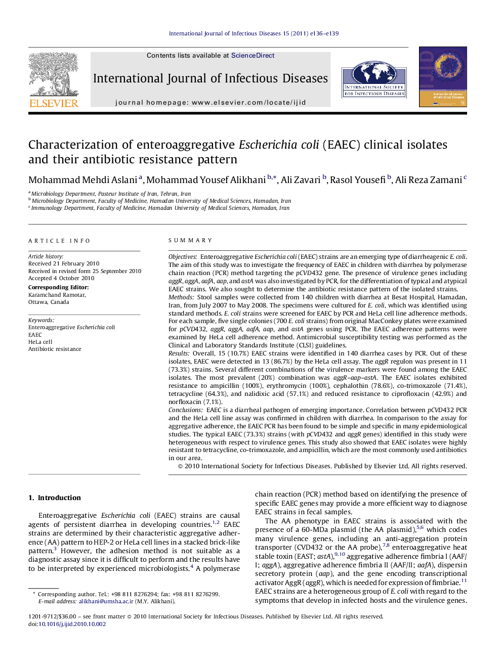 Characterization of enteroaggregative Escherichia coli (EAEC) clinical isolates and their antibiotic resistance pattern