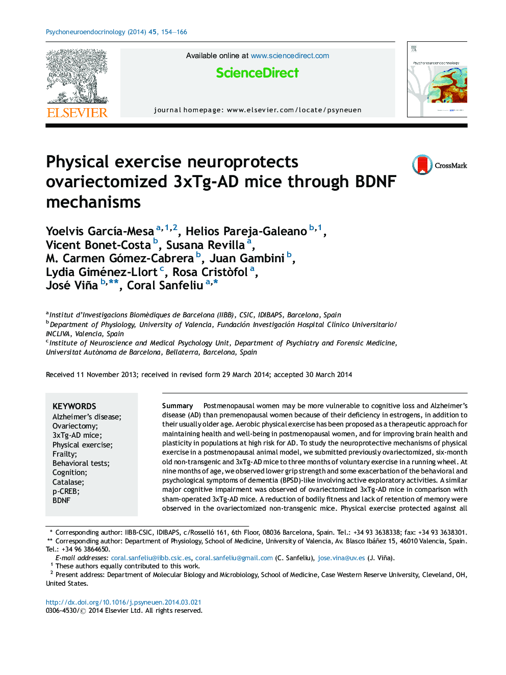 Physical exercise neuroprotects ovariectomized 3xTg-AD mice through BDNF mechanisms