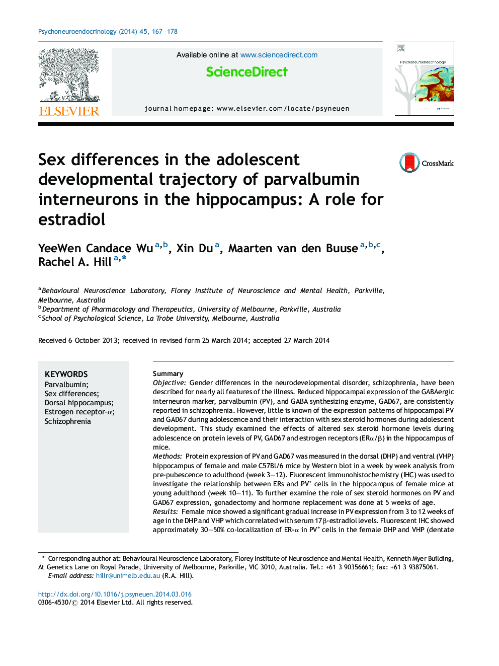 Sex differences in the adolescent developmental trajectory of parvalbumin interneurons in the hippocampus: A role for estradiol