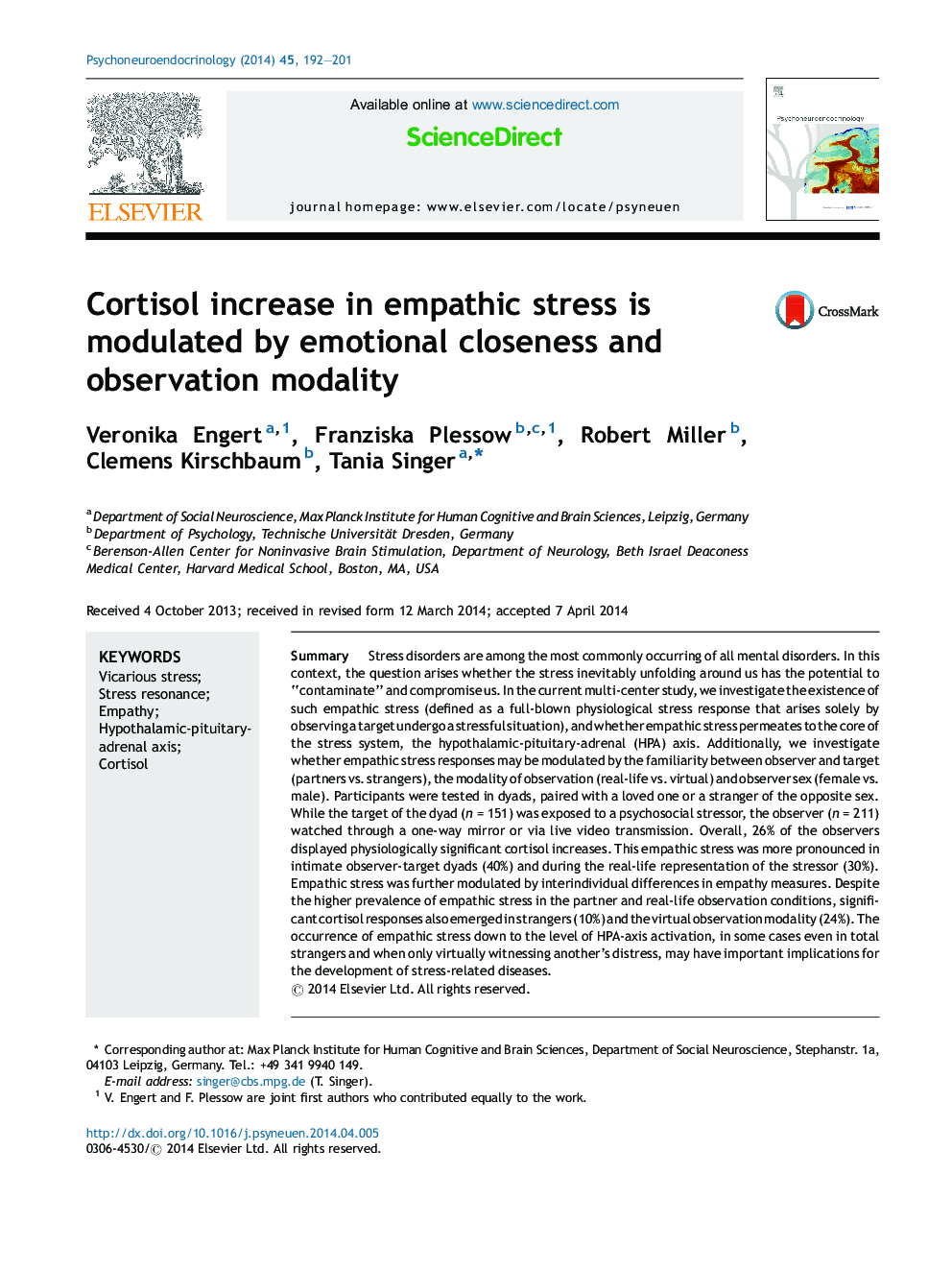 Cortisol increase in empathic stress is modulated by emotional closeness and observation modality