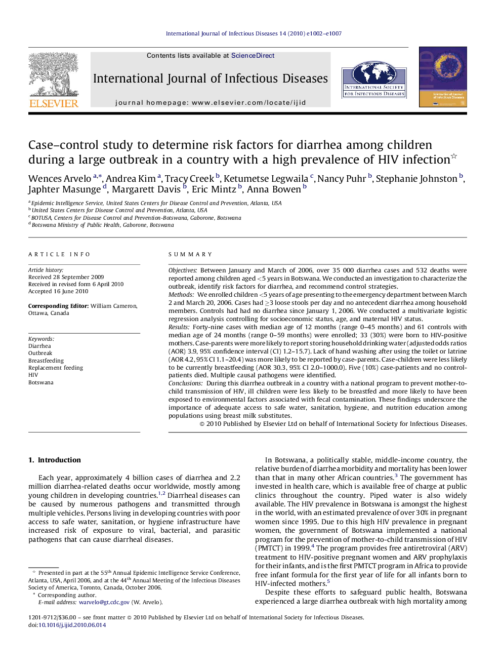 Case–control study to determine risk factors for diarrhea among children during a large outbreak in a country with a high prevalence of HIV infection 