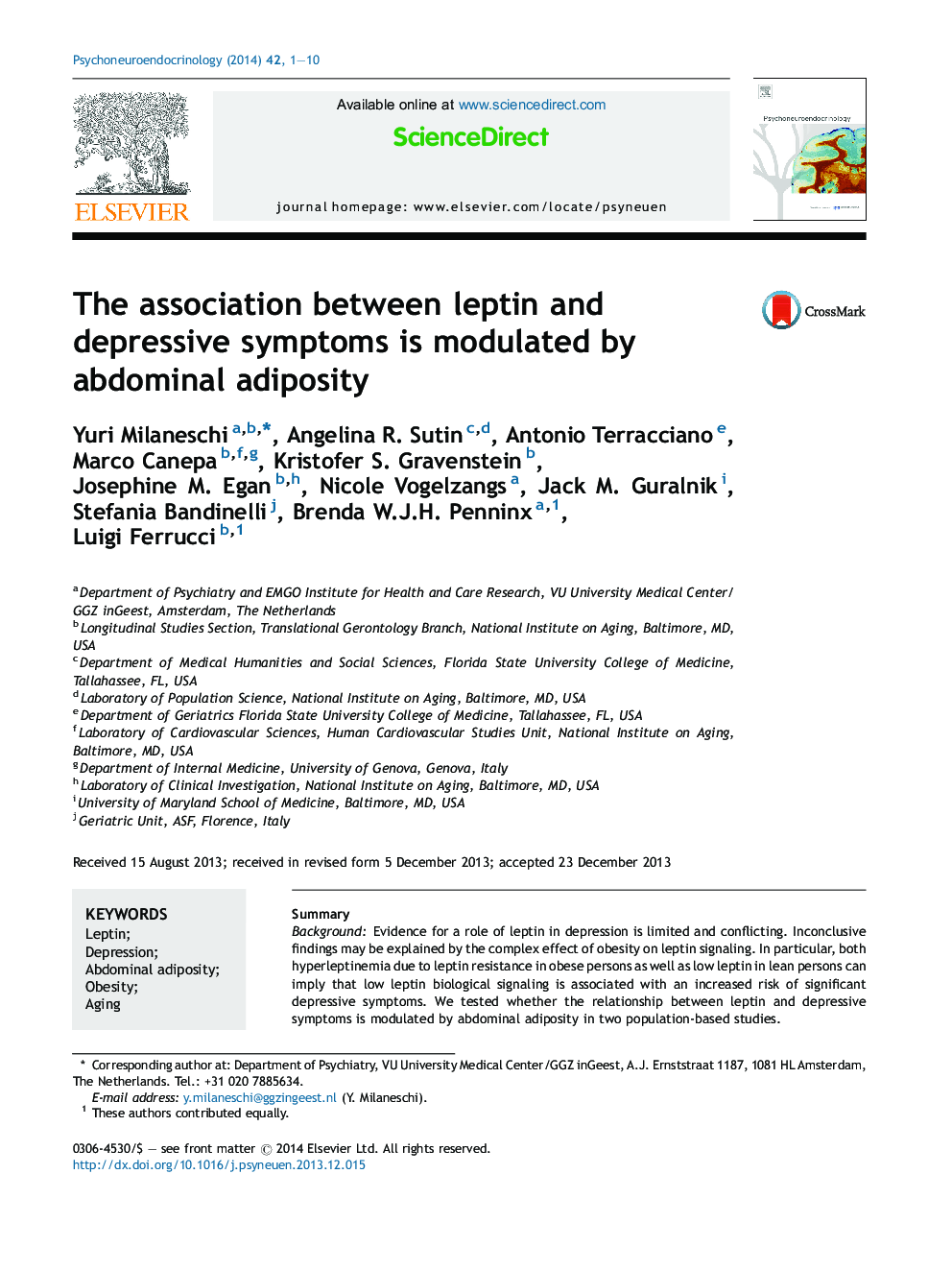 The association between leptin and depressive symptoms is modulated by abdominal adiposity