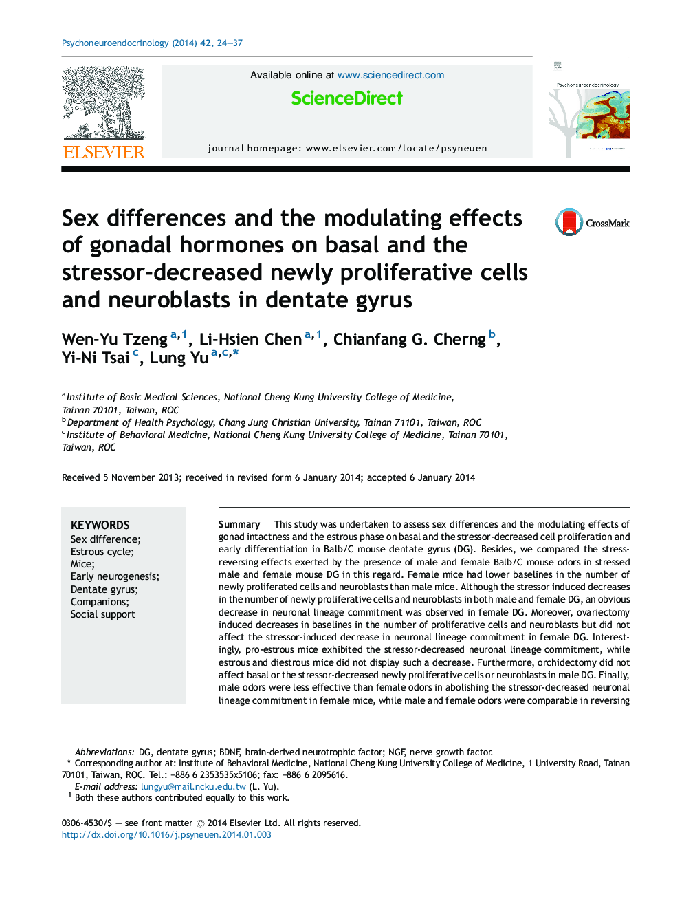 Sex differences and the modulating effects of gonadal hormones on basal and the stressor-decreased newly proliferative cells and neuroblasts in dentate gyrus