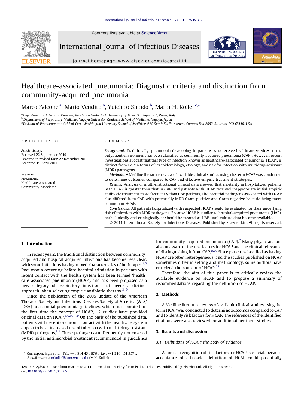 Healthcare-associated pneumonia: Diagnostic criteria and distinction from community-acquired pneumonia