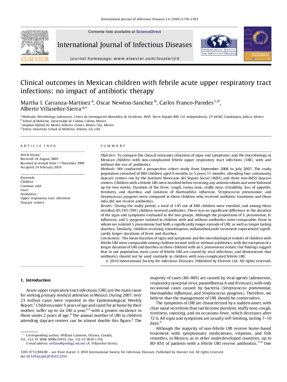 Clinical outcomes in Mexican children with febrile acute upper respiratory tract infections: no impact of antibiotic therapy