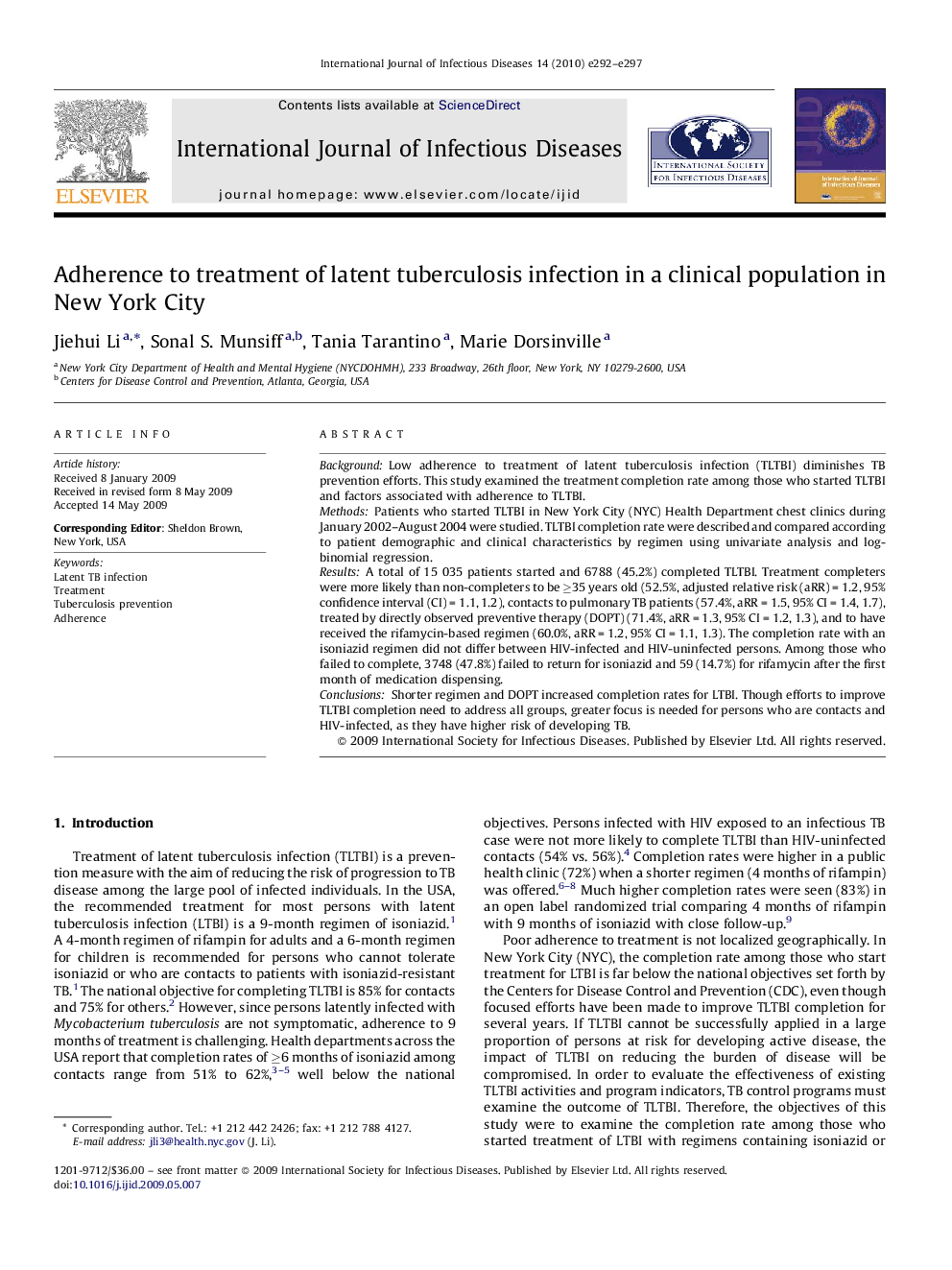 Adherence to treatment of latent tuberculosis infection in a clinical population in New York City