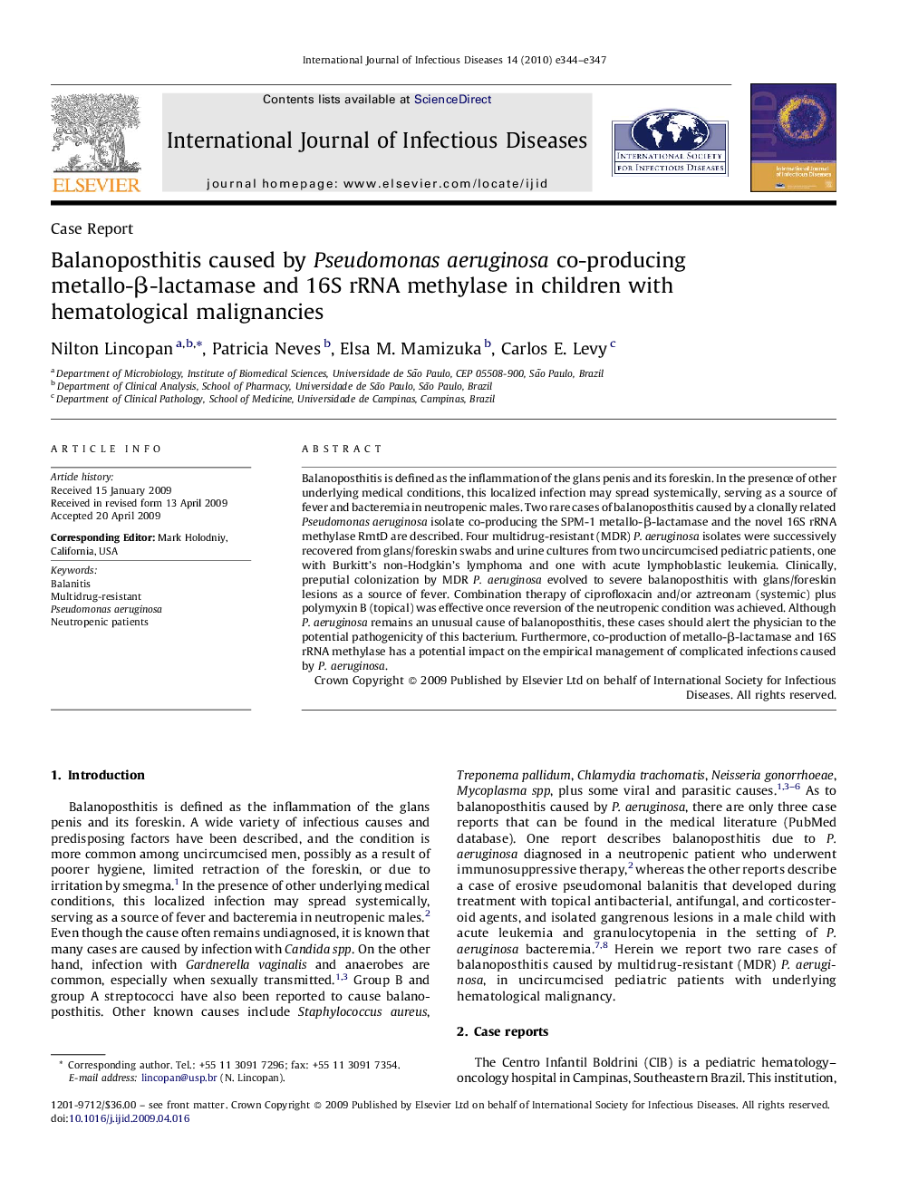 Balanoposthitis caused by Pseudomonas aeruginosa co-producing metallo-β-lactamase and 16S rRNA methylase in children with hematological malignancies