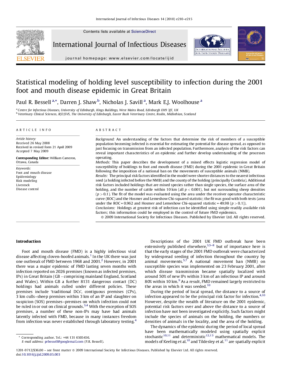 Statistical modeling of holding level susceptibility to infection during the 2001 foot and mouth disease epidemic in Great Britain