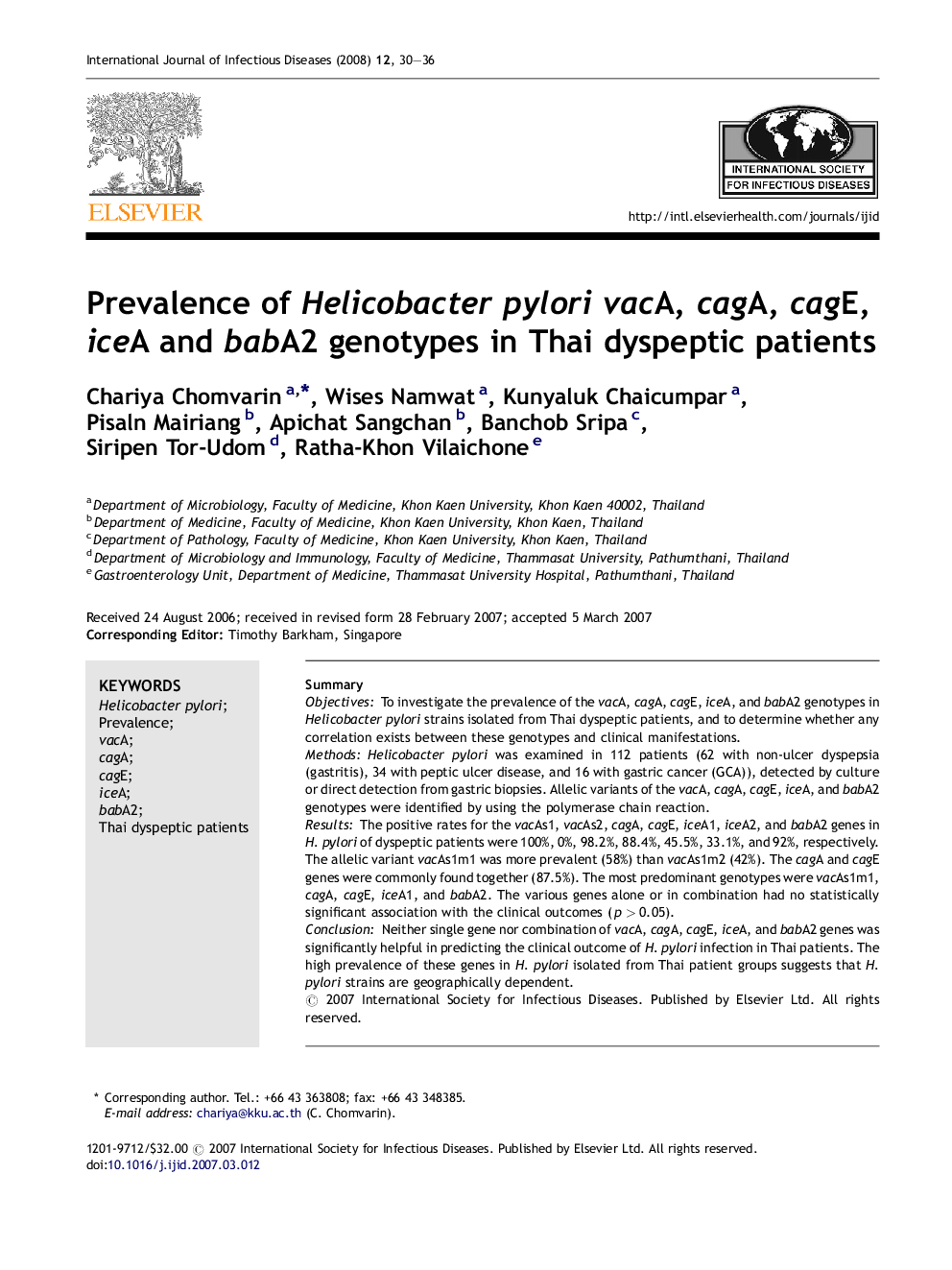 Prevalence of Helicobacter pylori vacA, cagA, cagE, iceA and babA2 genotypes in Thai dyspeptic patients