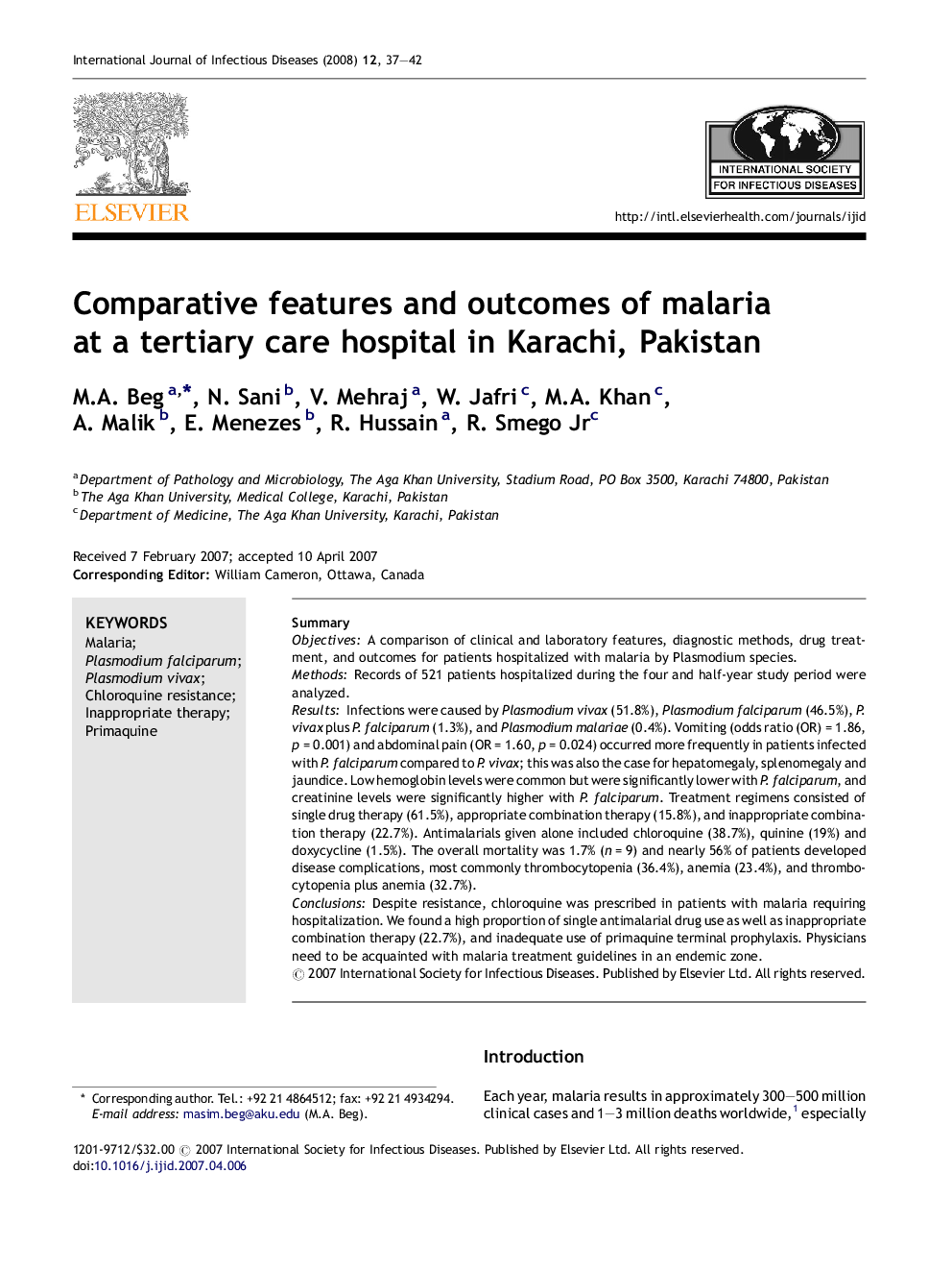 Comparative features and outcomes of malaria at a tertiary care hospital in Karachi, Pakistan