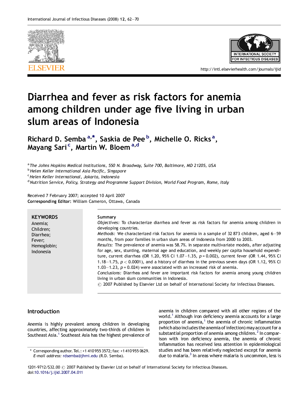 Diarrhea and fever as risk factors for anemia among children under age five living in urban slum areas of Indonesia