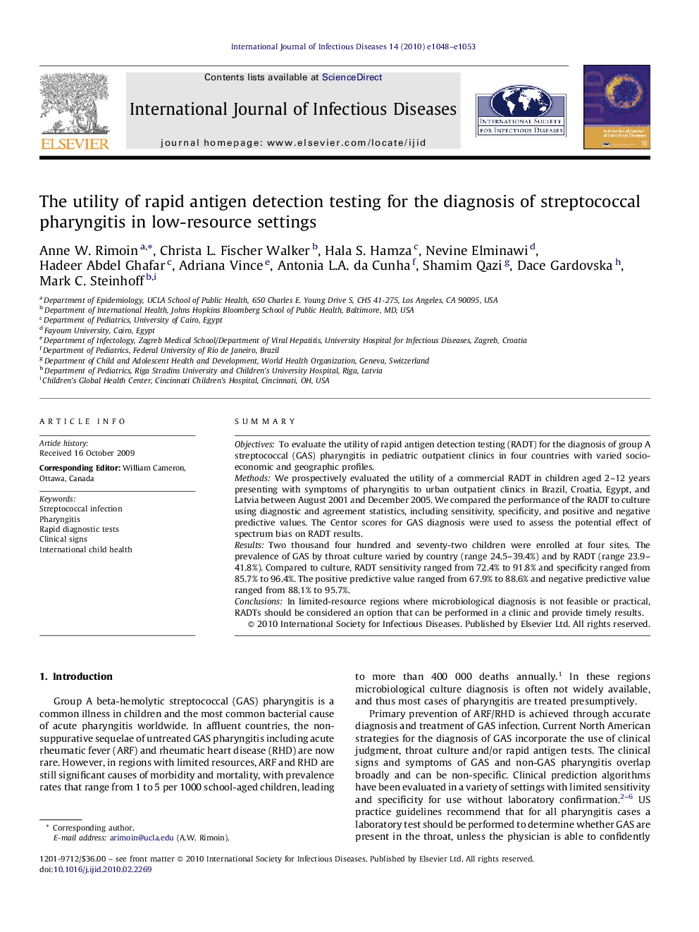 The utility of rapid antigen detection testing for the diagnosis of streptococcal pharyngitis in low-resource settings