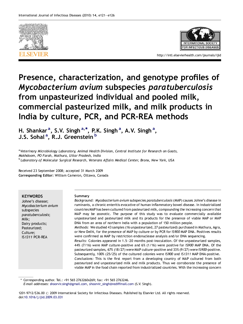 Presence, characterization, and genotype profiles of Mycobacterium avium subspecies paratuberculosis from unpasteurized individual and pooled milk, commercial pasteurized milk, and milk products in India by culture, PCR, and PCR-REA methods