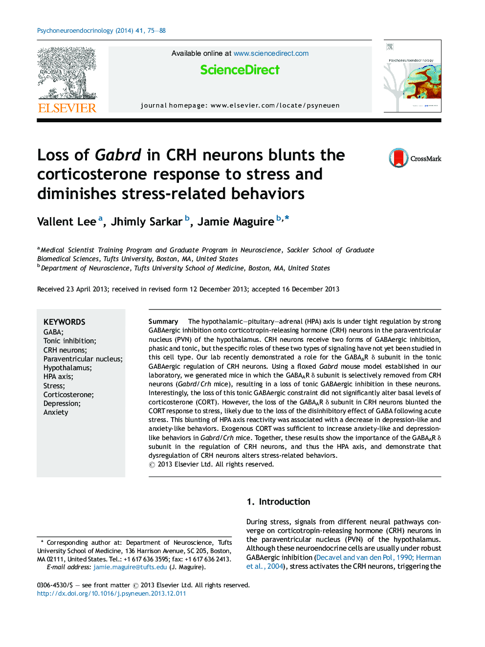 Loss of Gabrd in CRH neurons blunts the corticosterone response to stress and diminishes stress-related behaviors