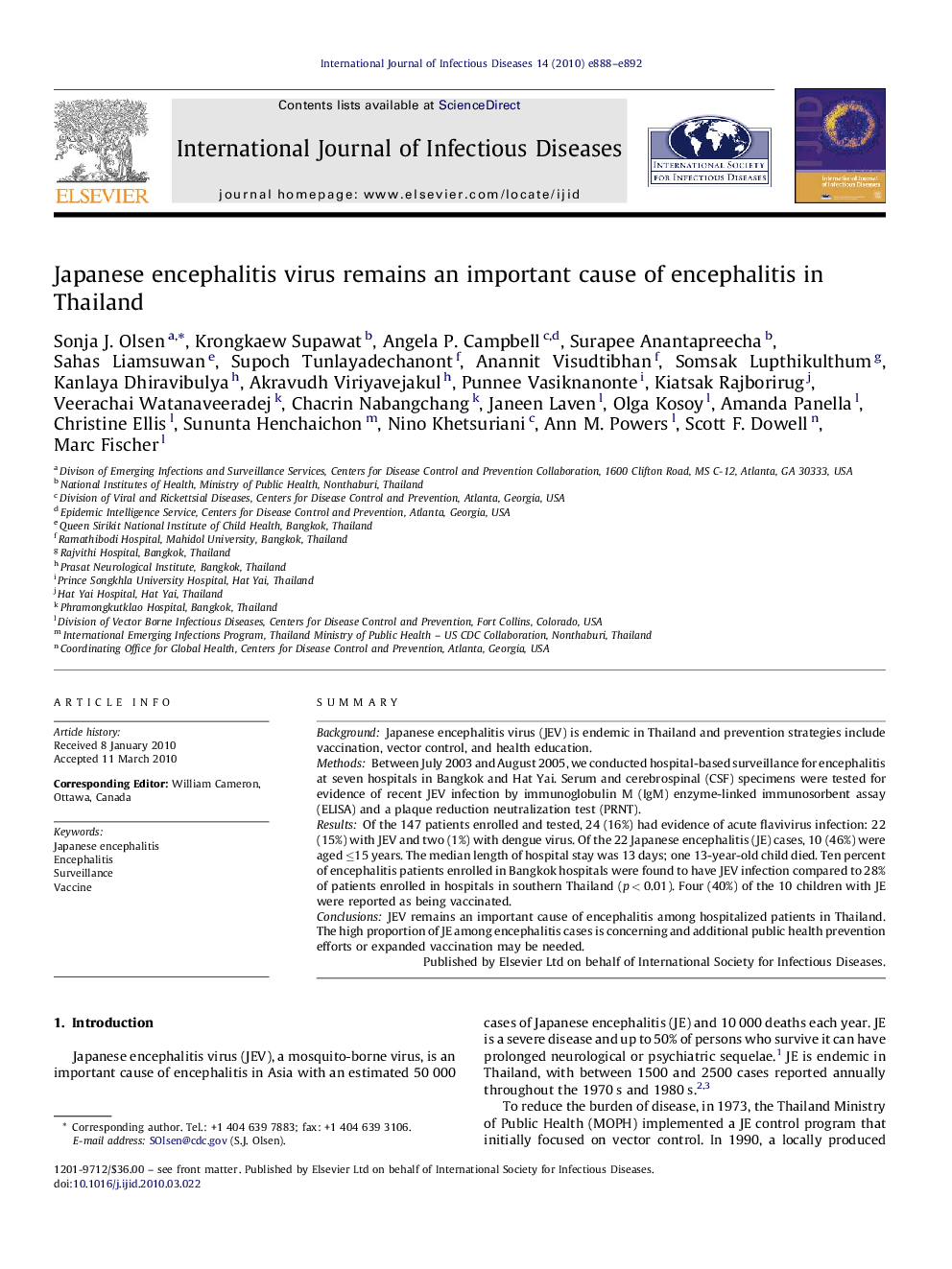 Japanese encephalitis virus remains an important cause of encephalitis in Thailand