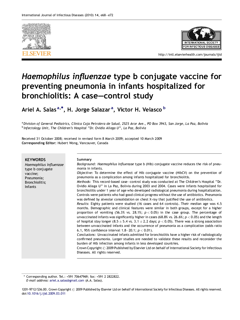 Haemophilusinfluenzae type b conjugate vaccine for preventing pneumonia in infants hospitalized for bronchiolitis: A case–control study