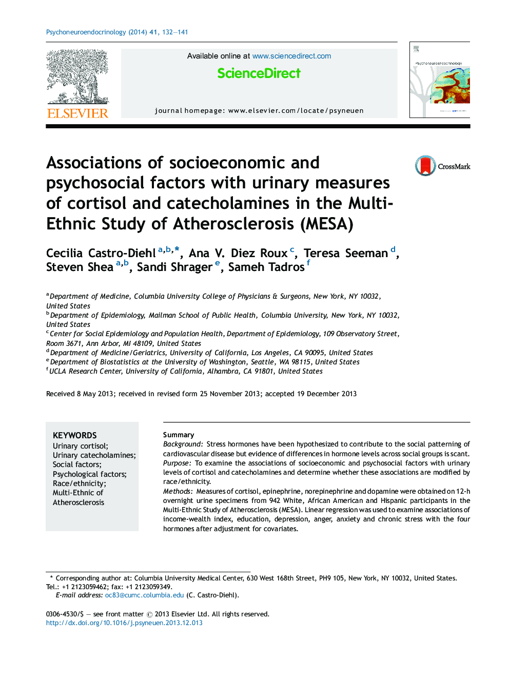 Associations of socioeconomic and psychosocial factors with urinary measures of cortisol and catecholamines in the Multi-Ethnic Study of Atherosclerosis (MESA)