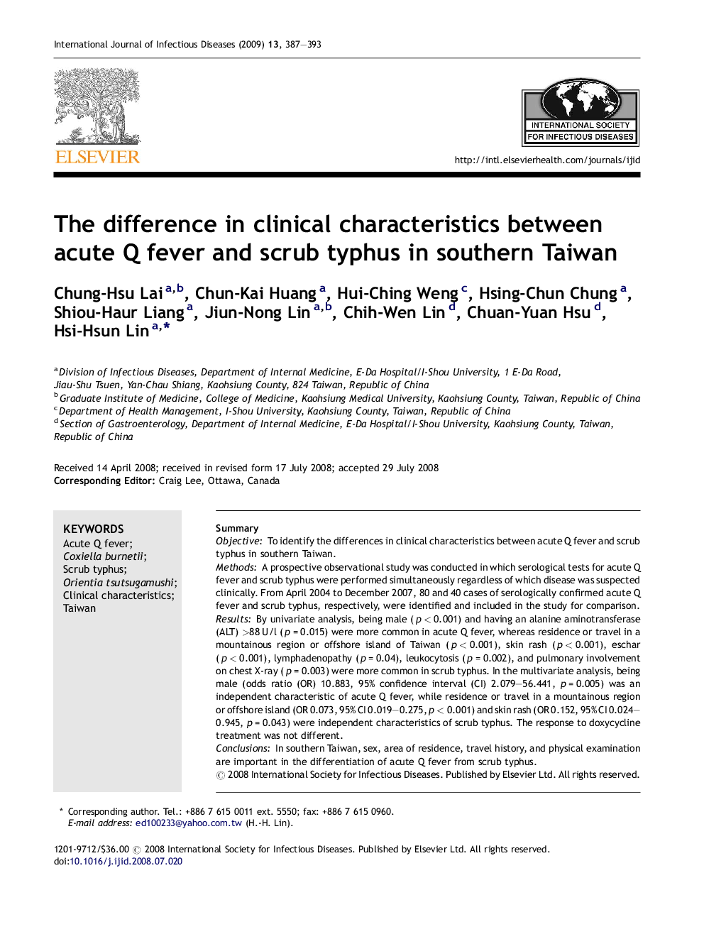 The difference in clinical characteristics between acute Q fever and scrub typhus in southern Taiwan