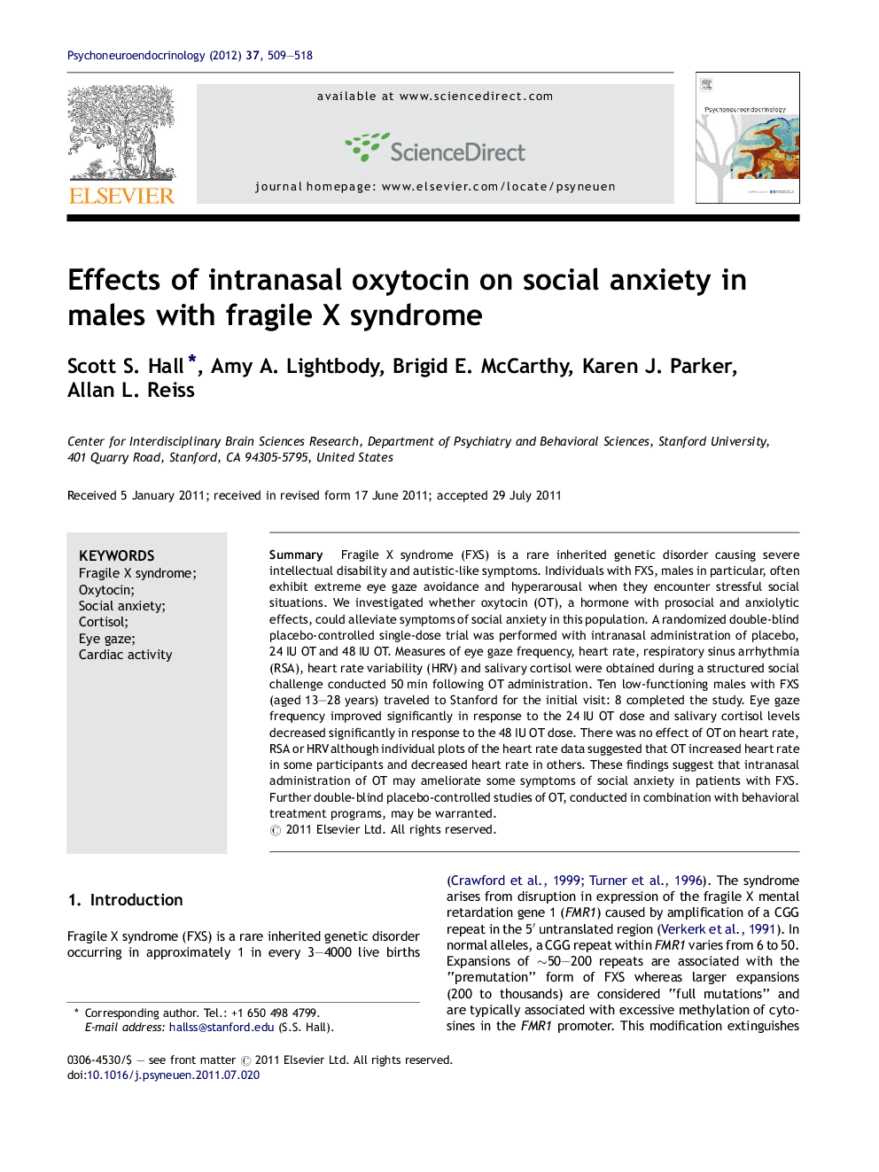 Effects of intranasal oxytocin on social anxiety in males with fragile X syndrome