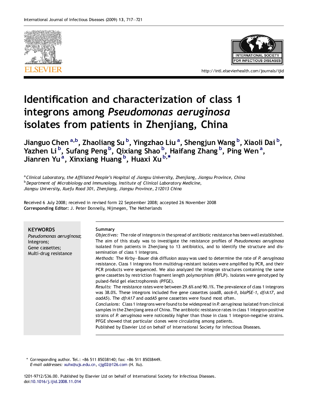 Identification and characterization of class 1 integrons among Pseudomonas aeruginosa isolates from patients in Zhenjiang, China