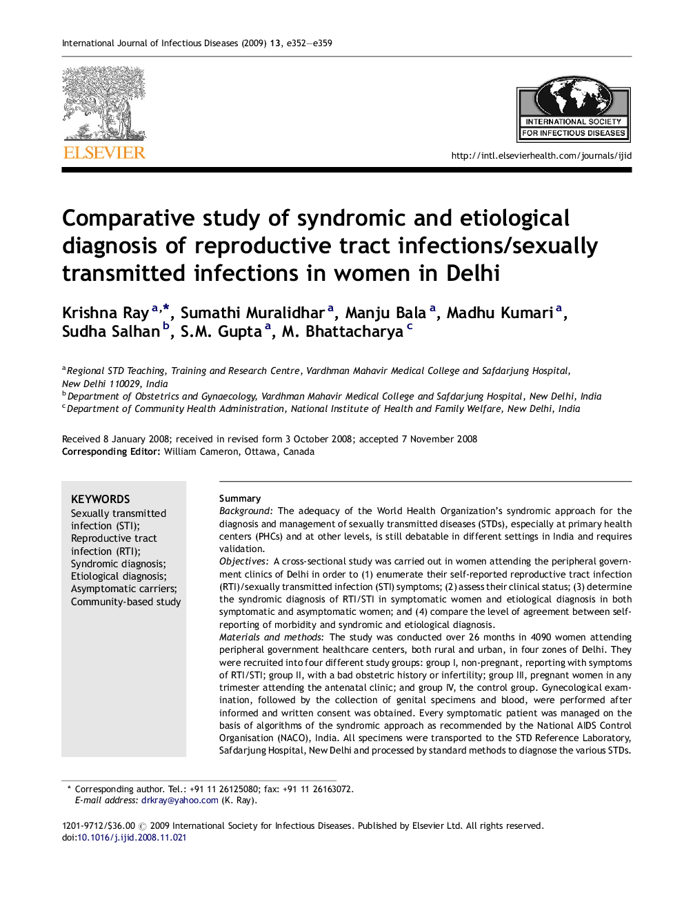 Comparative study of syndromic and etiological diagnosis of reproductive tract infections/sexually transmitted infections in women in Delhi