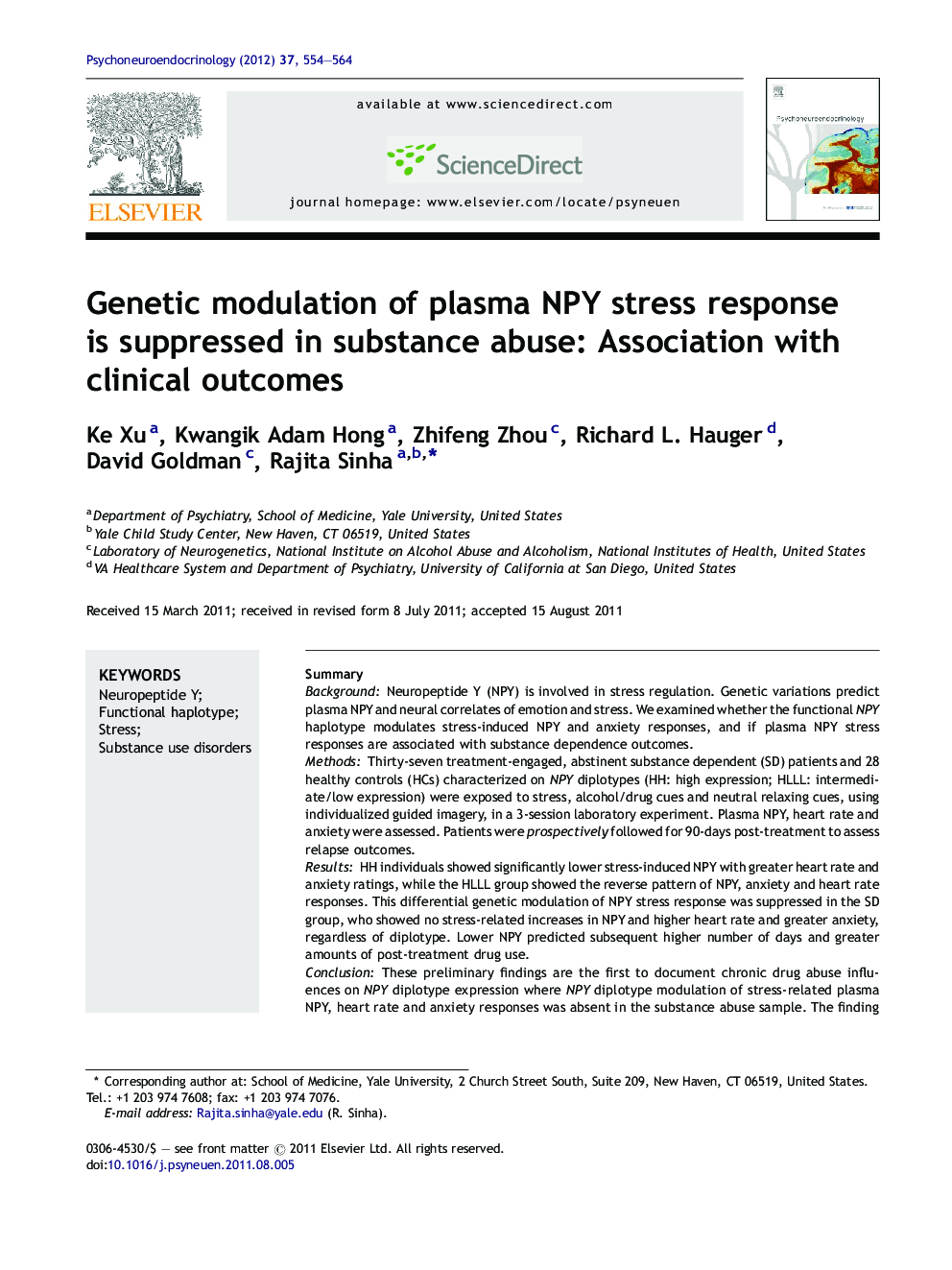 Genetic modulation of plasma NPY stress response is suppressed in substance abuse: Association with clinical outcomes