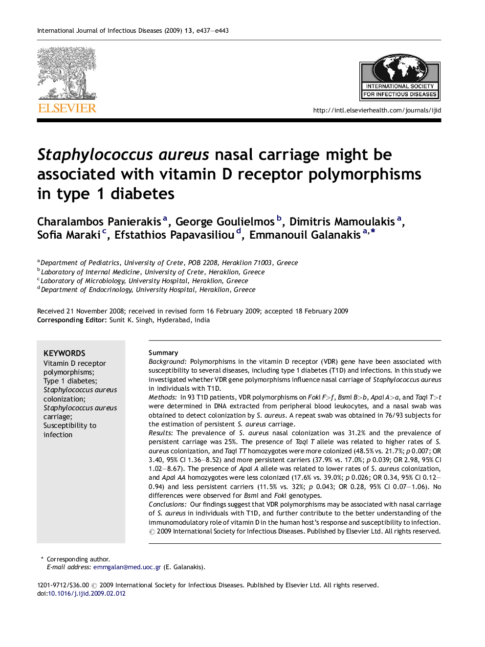 Staphylococcus aureus nasal carriage might be associated with vitamin D receptor polymorphisms in type 1 diabetes