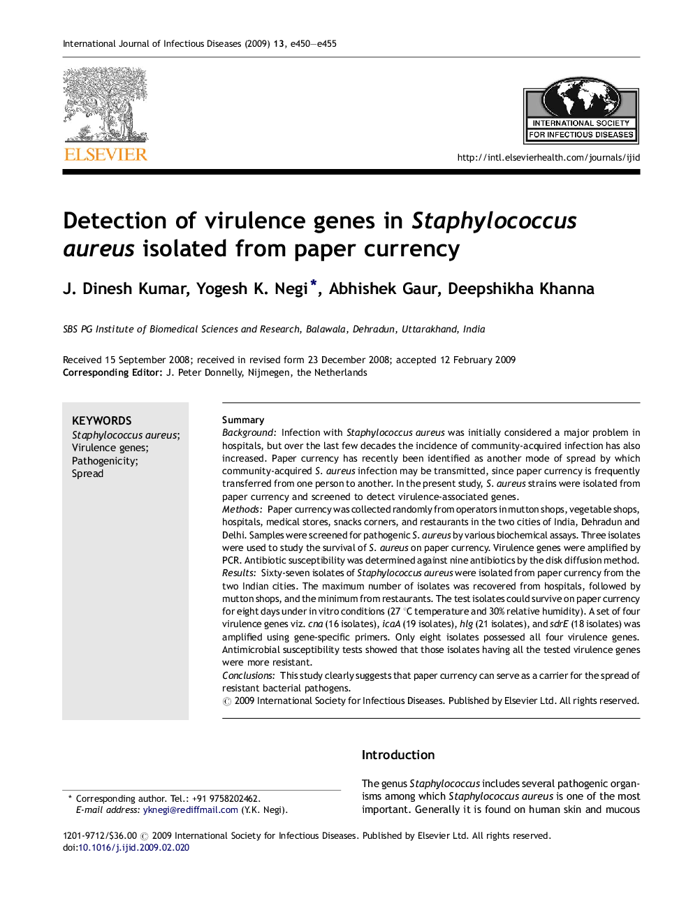 Detection of virulence genes in Staphylococcus aureus isolated from paper currency