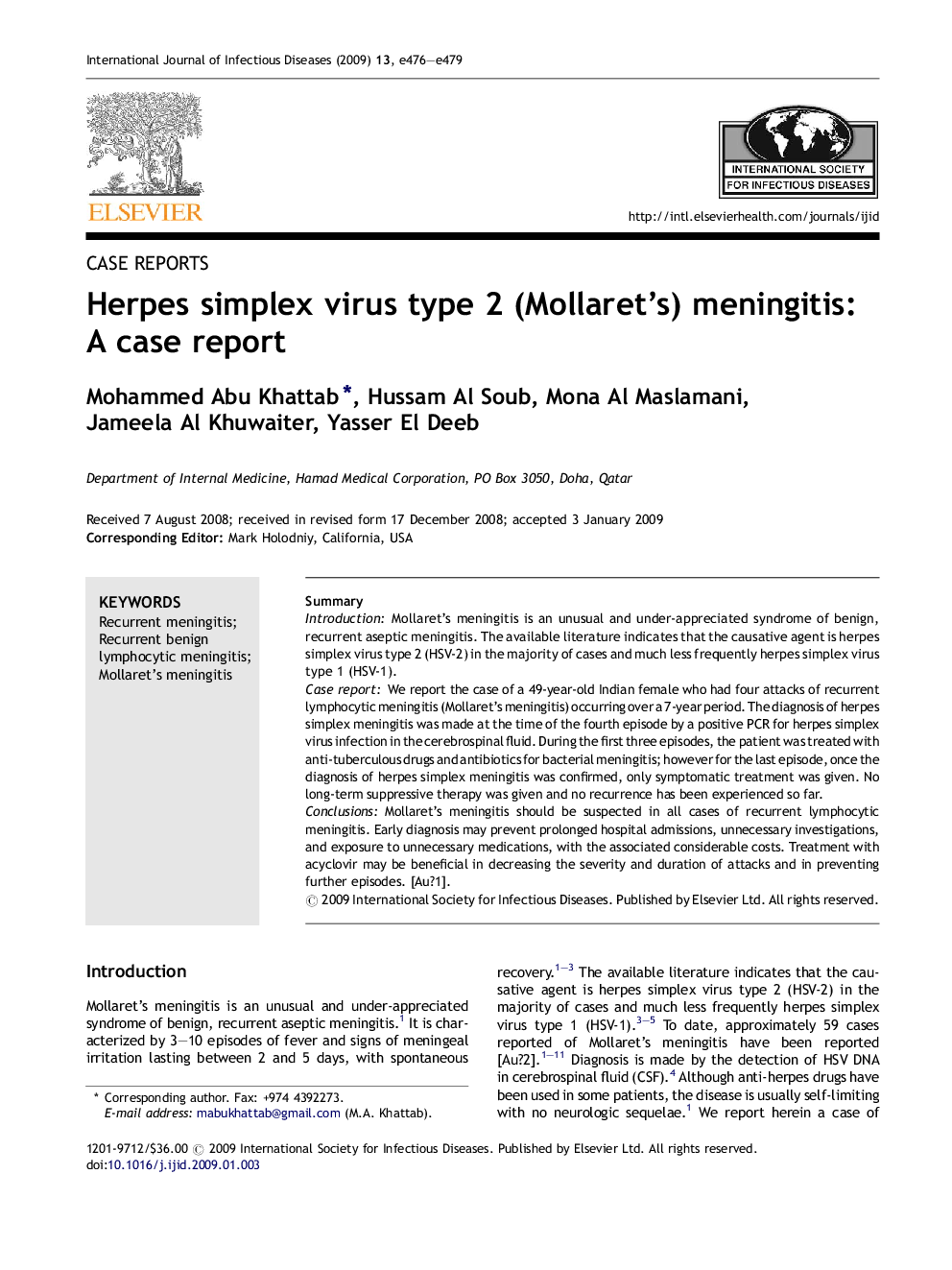 Herpes simplex virus type 2 (Mollaret's) meningitis: A case report