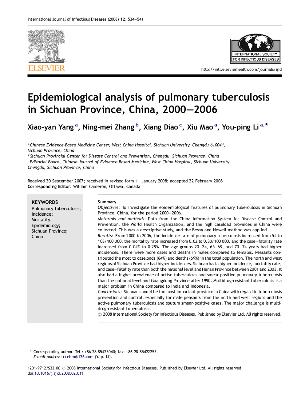 Epidemiological analysis of pulmonary tuberculosis in Sichuan Province, China, 2000–2006