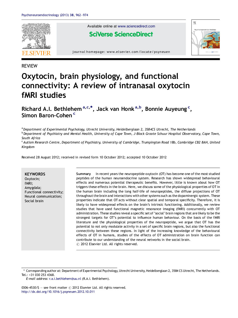 Oxytocin, brain physiology, and functional connectivity: A review of intranasal oxytocin fMRI studies