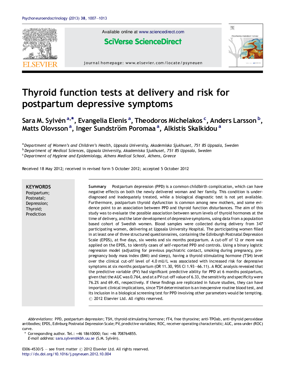 Thyroid function tests at delivery and risk for postpartum depressive symptoms