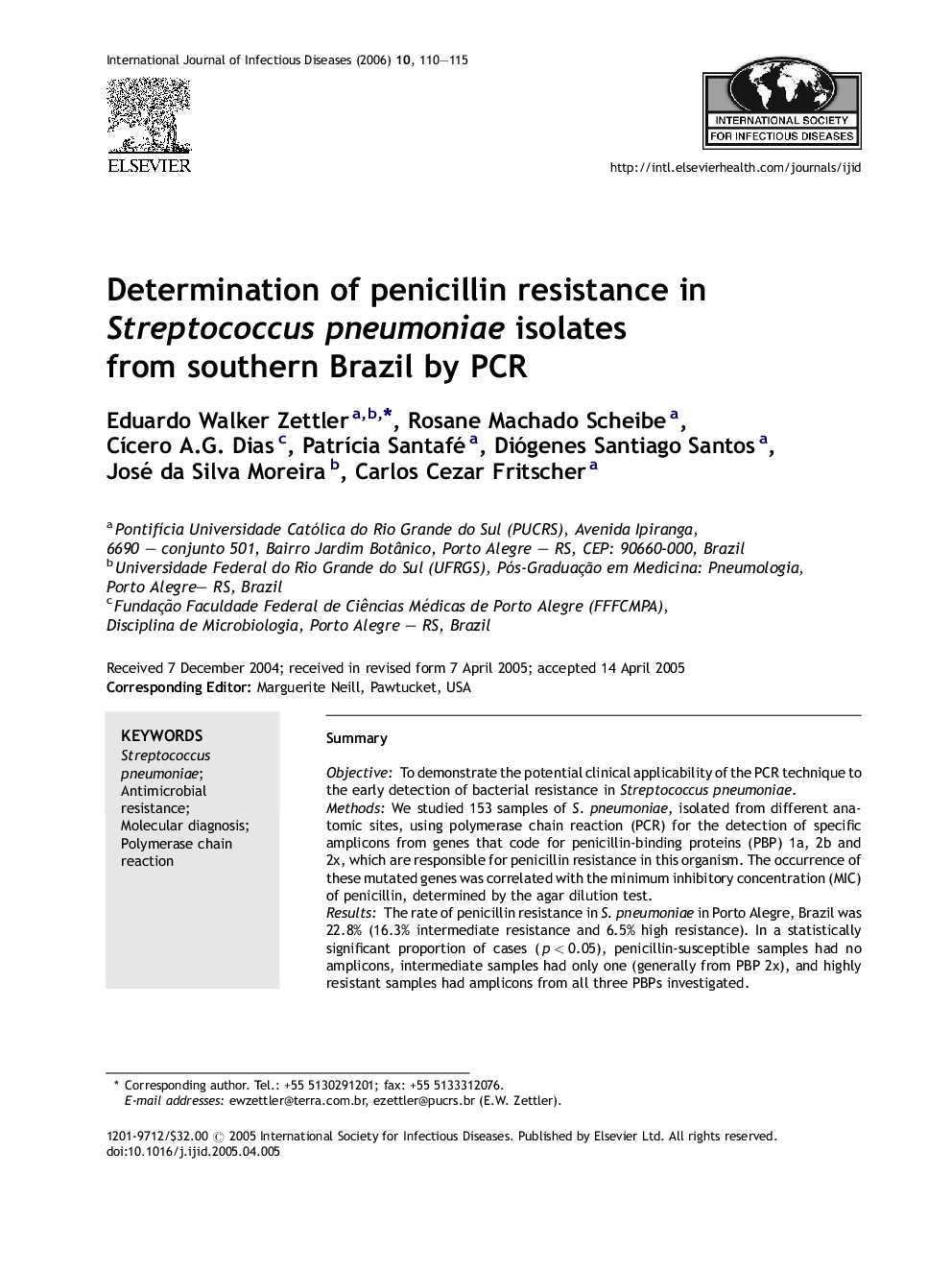 Determination of penicillin resistance in Streptococcus pneumoniae isolates from southern Brazil by PCR