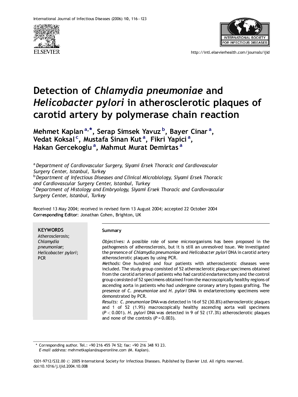 Detection of Chlamydia pneumoniae and Helicobacter pylori in atherosclerotic plaques of carotid artery by polymerase chain reaction