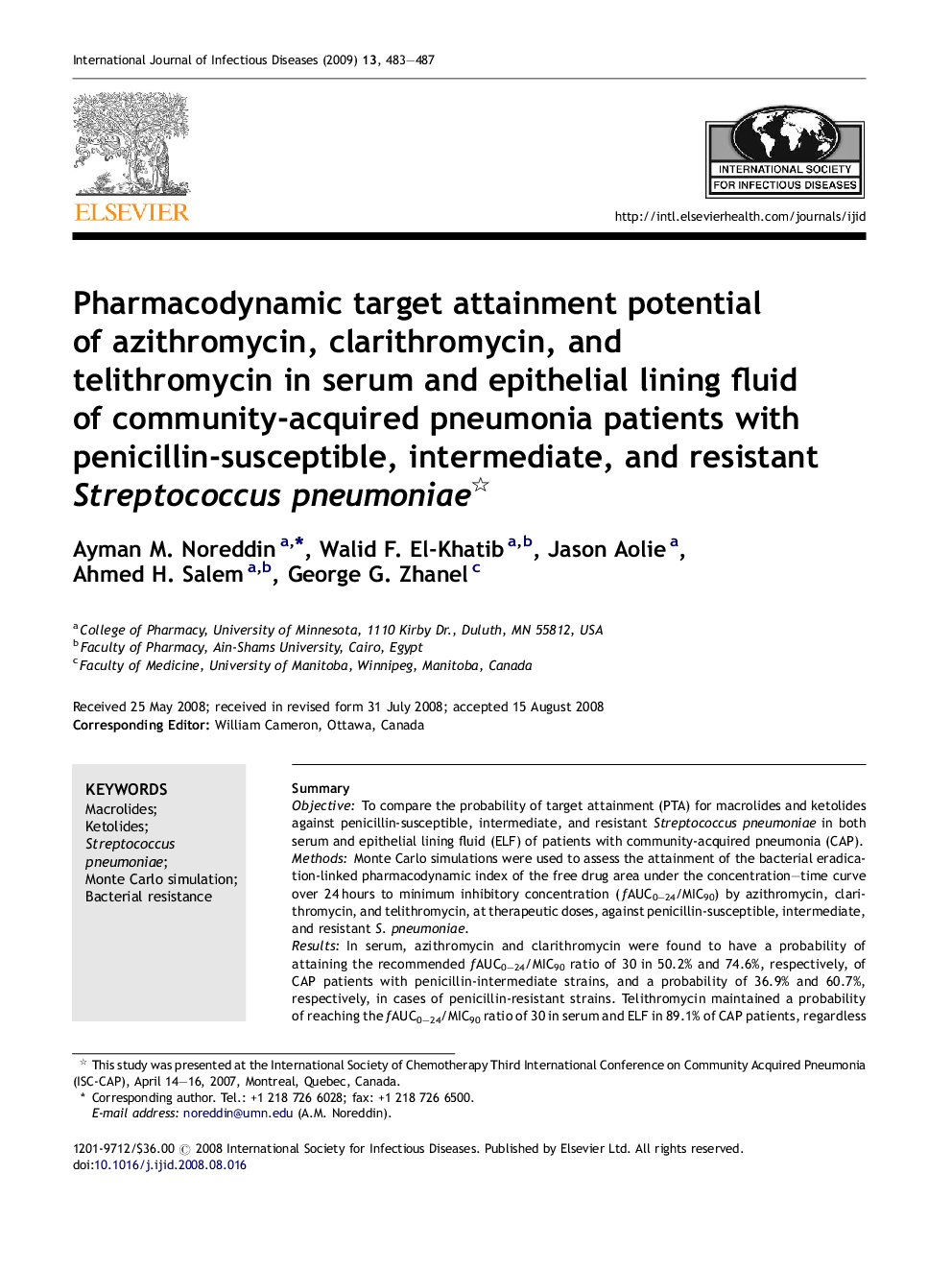 Pharmacodynamic target attainment potential of azithromycin, clarithromycin, and telithromycin in serum and epithelial lining fluid of community-acquired pneumonia patients with penicillin-susceptible, intermediate, and resistant Streptococcus pneumoniae 