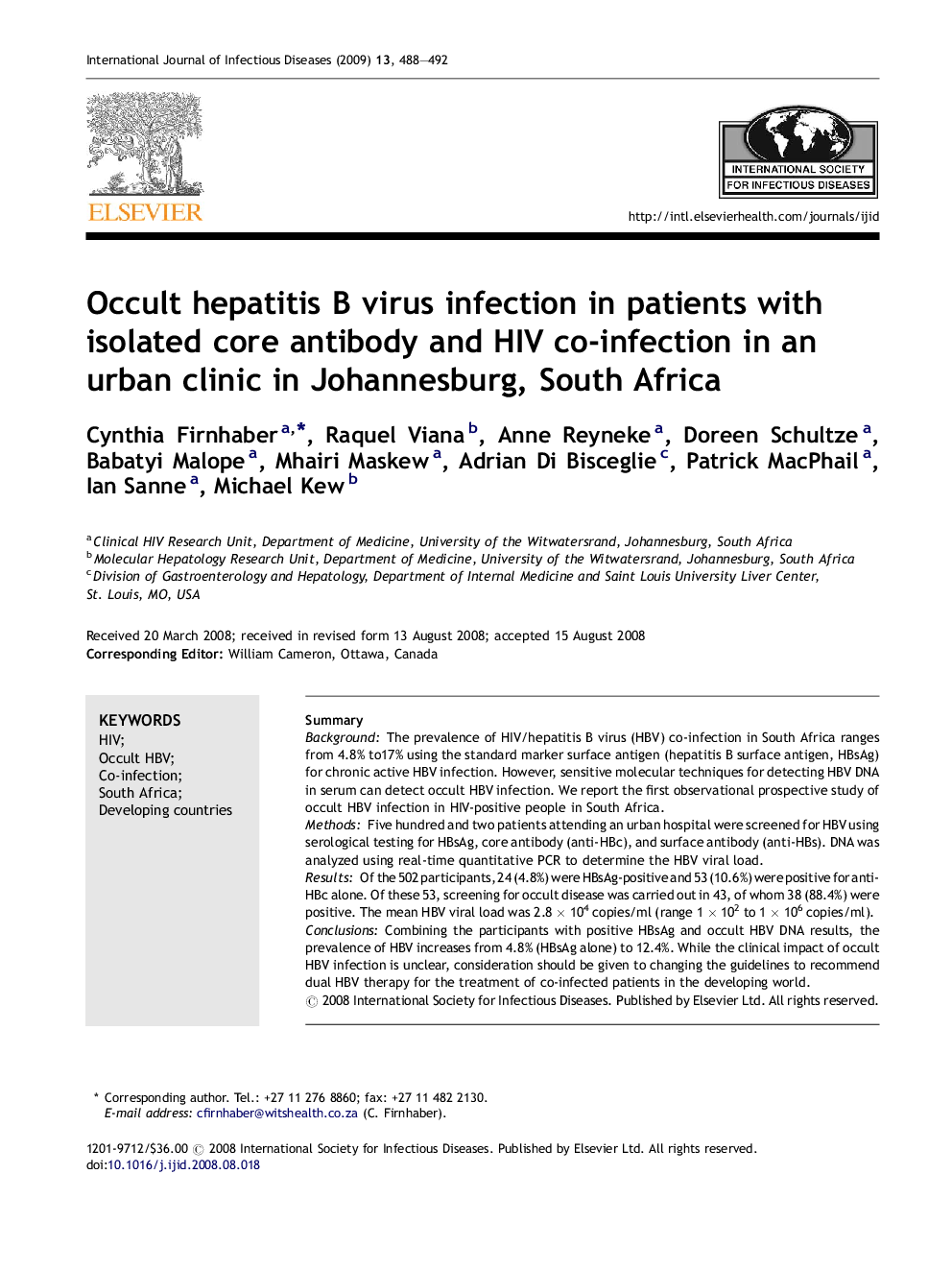 Occult hepatitis B virus infection in patients with isolated core antibody and HIV co-infection in an urban clinic in Johannesburg, South Africa