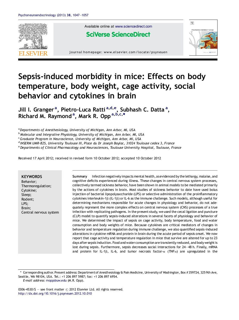 Sepsis-induced morbidity in mice: Effects on body temperature, body weight, cage activity, social behavior and cytokines in brain