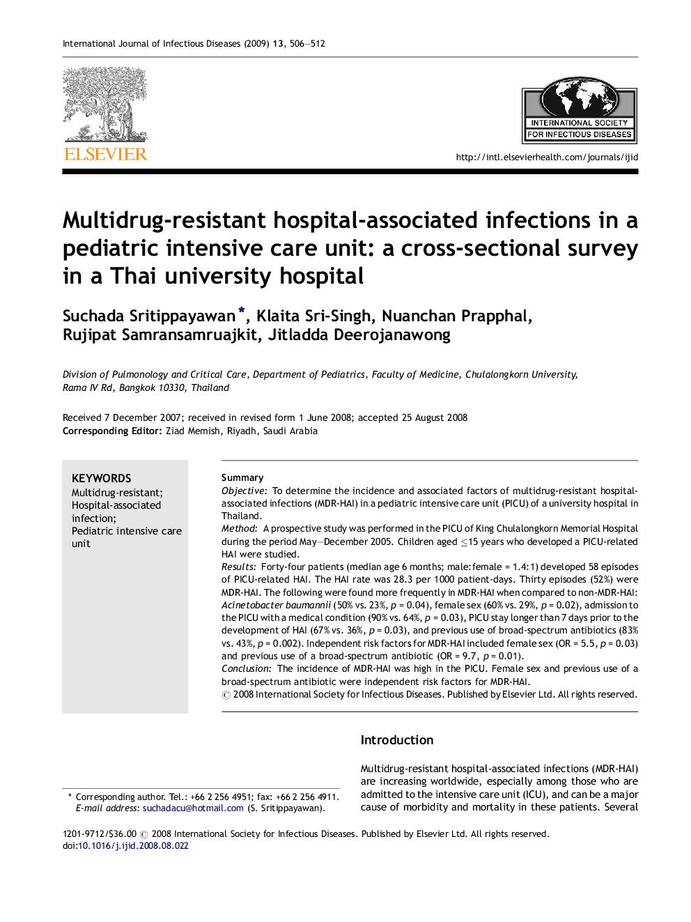 Multidrug-resistant hospital-associated infections in a pediatric intensive care unit: a cross-sectional survey in a Thai university hospital