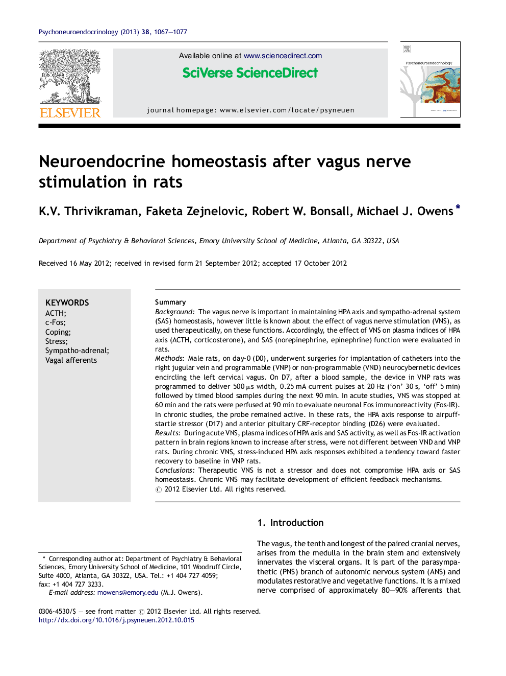 Neuroendocrine homeostasis after vagus nerve stimulation in rats