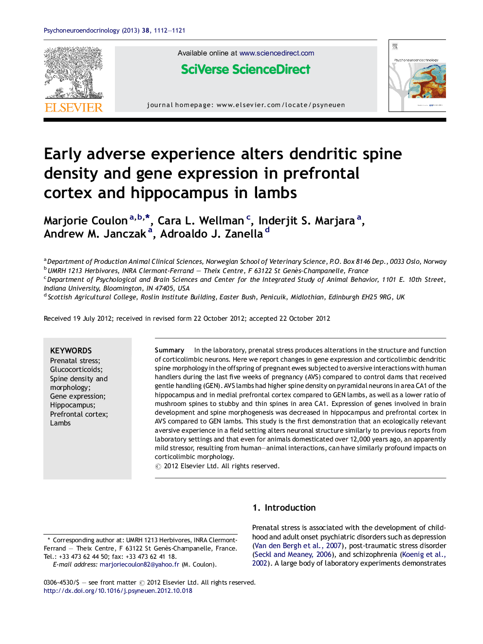 Early adverse experience alters dendritic spine density and gene expression in prefrontal cortex and hippocampus in lambs