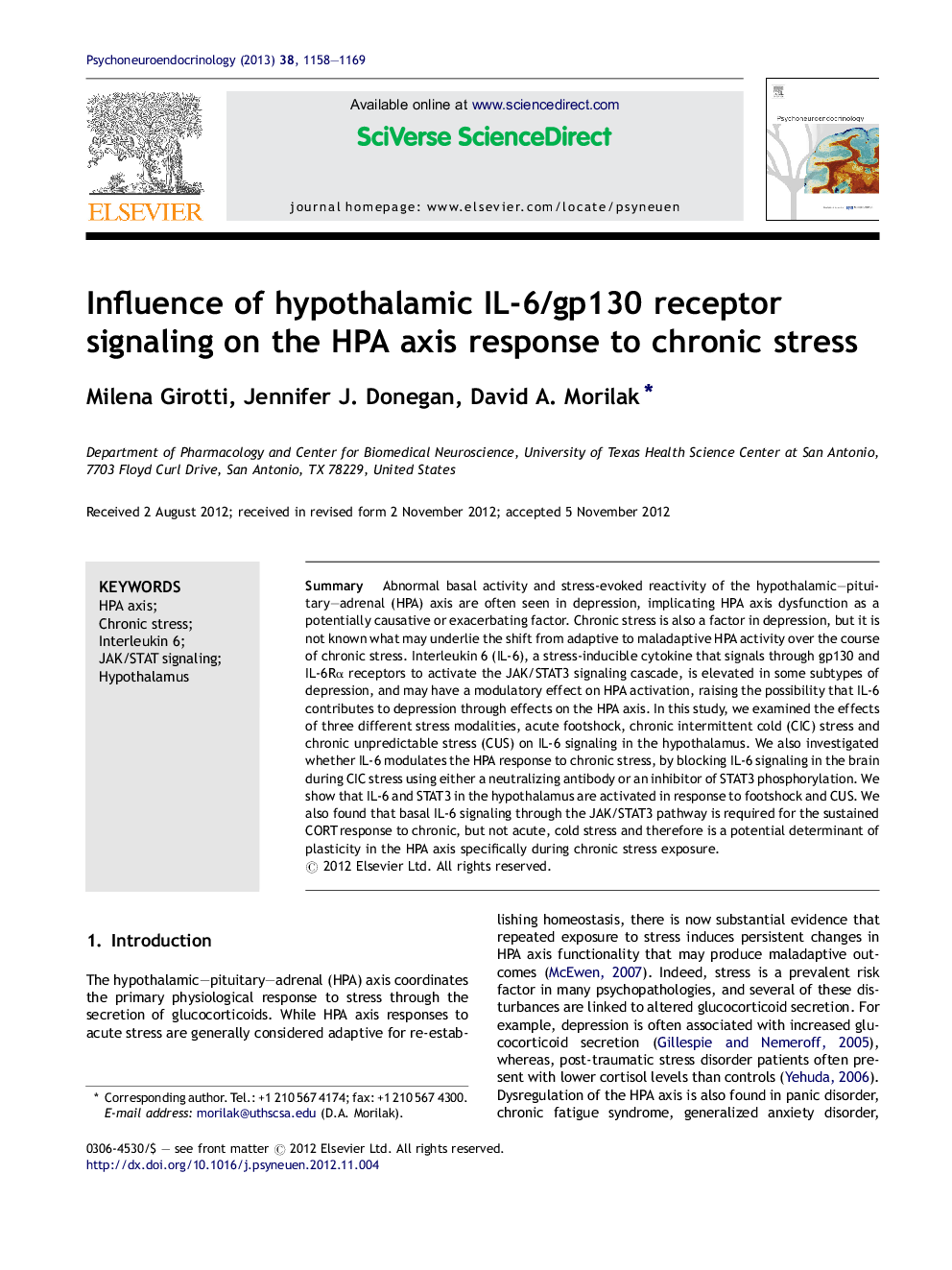 Influence of hypothalamic IL-6/gp130 receptor signaling on the HPA axis response to chronic stress