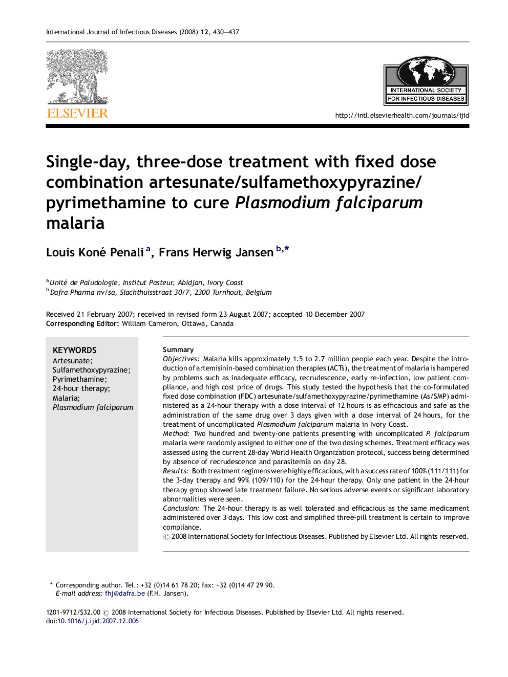 Single-day, three-dose treatment with fixed dose combination artesunate/sulfamethoxypyrazine/pyrimethamine to cure Plasmodium falciparum malaria